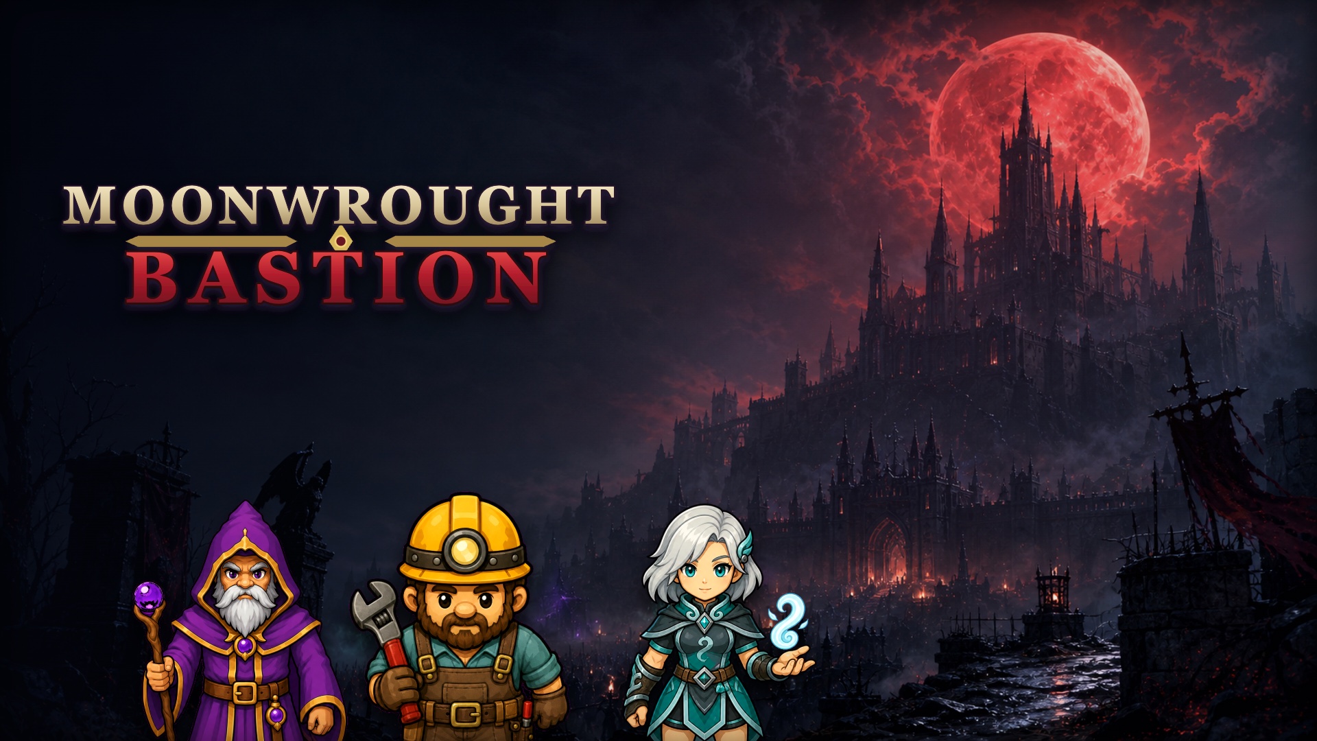 Moonwrought Bastion hunters facing a fortress beneath a blood-red moon
